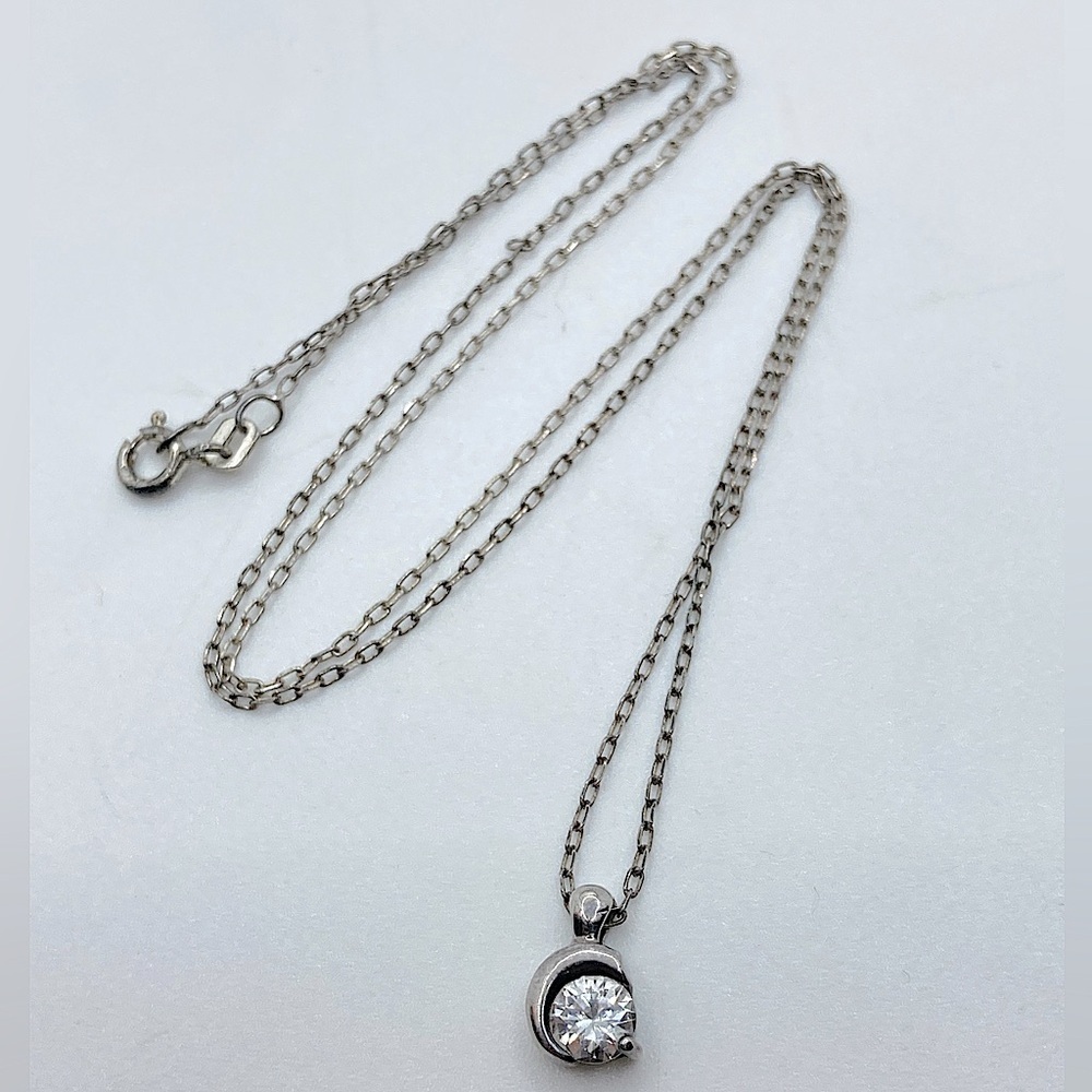 VTG Sterling Silver & Cz Stone Solitaire Pendant w 925 Chain 18” & 10mm